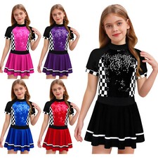 DE Mädchen Kleids Kurzarm Pailletten Racer Kleiders Rennfahrer Uniform Cosplay