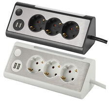  Steckdosenleiste 3-fach Edelstahl-Optik Mehrfachsteckdose USB LED Ecke Tisch