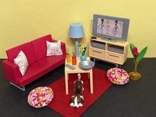 Barbie Fashion Möbel Wohnzimmer, Sofa, Tv Schrank, Tisch,Teppich, Lampe, Zubehör