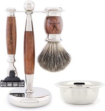 Jag Holz-Rasierset 4-tlg., Dachshaarpinsel, 3-Schneide-Rasiermesser, Ständer,