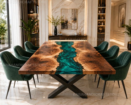 Green epoxy river table - river, live