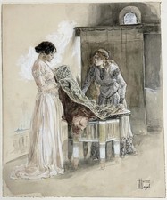 Hermann Vogel (1856-1918) - Zwei Burgfrauen betrachten sich Stoff Zeichnung 1900