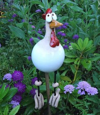 Keramik Huhn Weiß Gartenstecker Henne Hühner Vogel Kantensitzer Zaunsitzer NEU