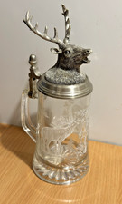 Bierkrug o,5 l mit detaireichem Hirschdeckel-Zinn -Glas Jagdmotiv Zinndeckel ,