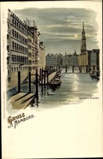 Litho Hamburg Mitte Altstadt, Reimers Brücke, Mondschein - 4422563