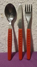 DDR KINDERBESTECK 3-tlg.  PUNKTE DELLEN ELSTAWA FORON Grifffarbe Rot OSTALGIE 1