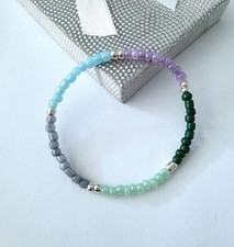 Sylvie's Rocailles Armband 18 cm, silber blau, lila, dehnbar, Neu / 1472