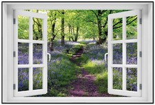 Wallario Poster mit Fenster-Illusion Blaues Hasenglöckchen im Wald