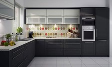 L-Form Küchenzeile Kvantum Einbauküche 385x253cm lava Front MDF vanille graphit