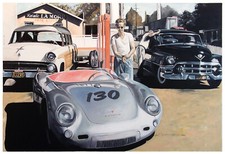James Dean, Tankstelle, Porsche Spyder, Leinwand-Druck vom Originalgemälde