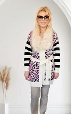 Strickjacke Strickmantel weich langarm Kunstfellkragen Gürtel Schwarz/Beige/Pink