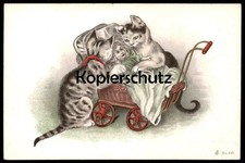 ALTE POSTKARTE KATZEN BABY IM KINDERWAGEN 1901 Kind Puppe Mädchen Doll Child Enf