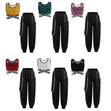 DE Kinder Mädchen Hip Hop Street Dance Kleidung Set Crop Top Weste und Hose