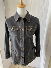 Jeansjacke, Gr. 40, schwarz mit gelben und orangen Nähten, Knöpfe, Straßsteine