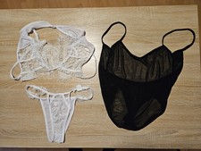Schwarzer Damen Sexy Sheer Body + weißes Lingerie Set