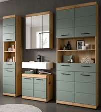 Badmöbel Set Badezimmer 4-teilig mit 2x Stauraum Hochschrank Eiche Salbei Shawn