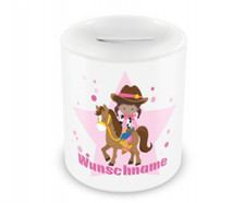 Kinder Spardose mit Namen und Cowgirl als Motiv Sparschwein personalisierbar
