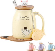 Katzen-Tasse Süße Keramik Kaffeetasse mit deckel, Löffel, Geschenke für Frauen