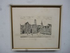Original Radierung Stuttgart Marktplatz altgerahmt