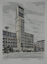 Radierung Rathaus Stuttgart Behrens Marktplatz signiert 30x24 cm