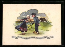 Künstler-AK Liesel Lauterborn: Pärchen in Trachten am Ufer, Kumm bi de Midderna 