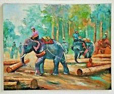 PACH (MALER THAILAND) Original Öl / Lwd sig Unikat ELEFANT + MAHUT WALDARBEIT !