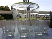 Bowle Set mit 8 Gläser Klarglas mit Weinlaub geschliffen 50er Jahre 