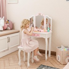 Kinder Schminktisch Holz Mädchen Spiegel Hocker Make-up Tisch Kosmetiktisch DE