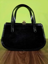 Vintage Handtasche GD Schwarz 28 cm Velours Lackleder Retro Damen Tasche elegant