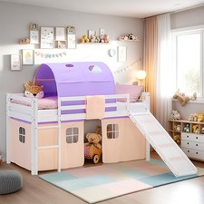 Hochbett 90x200 mit Kinderbett Matratze Rutsche Tunnel Vorhang Lila Homestyle4u