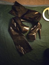 Plateauoverknee Stiefel Schwarz Lack, Größe 38, Absatz 18 Cm(78) Erotik