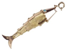 Art-Déco 14 K 585 Gold goldener Fisch mit Türkis Augen Anhänger!