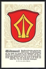 AK Wädenswil, Wappen auf Wasserpflanzen-Ornamenten, Webschiffchen, Info-Text 