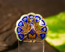 Zauberhafte 835 Silber Brosche Pfau Vogel Email Blau Grün Plastisch Elegant