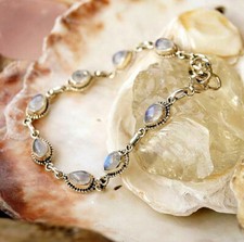 Vintage Design 925er Silber Armband Mondstein Oval / Tropfen 17 - 21 cm Schlicht