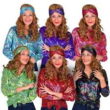 Disco Bluse Damen Glitzer Party Disko Paillettenbluse 70er 80er Karneval 