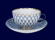 Teetasse mit Untertasse  Lomonosov Kobaltnetz ca. 10,5 x 5,8 cm