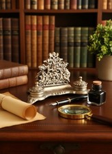 Große antike doppelte Tintenfass, Ornamente geflügelte Cherubim, Bronze vergoldet/Messing, Styl