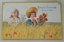 AK - Neu Jahr - Kinder Klatschmohn - Margeriten - Getreide - Prägekarte n. gel.