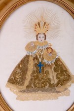 Antikes Stickbild Prager Jesulein gerahmt 19. Jahrhundert