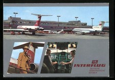 AK Berlin-Schönefeld, Flughafen - Interflug, Stewardess und Piloten im Cockpit 