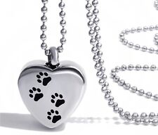 UNISEX ANHÄNGER EDELSTAHL TIER PFOTE HERZ SILBERFARBEN MIT KETTE ASCHE URNE MODB