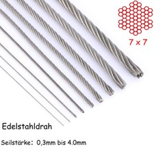 Edelstahl Drahtseil V2A 0,3mm - 4mm Stärke INOX 304 Rostfrei Seil 7x7 Stahlseil