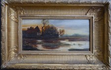 Gemälde stimmungsvolle Seenlandschaft mit Original-Prunkrahmen
