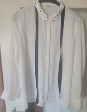 elegant festliche Damenbluse Vanilla 46 Weiß Kragen mit Steinchen+Krawatte