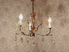 antik 3 Fl Kronleuchter Deckenlampe Lüster Goldbronze Kristall Barock  ca.1920