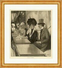 R. Germela. Im Kaffeehaus Gläser Wasserflasche Damen Herren Holzstich E 9025