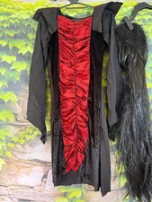 Vampir Kleid 146-158 mit langer schwarzer Perücke Halloween Kostüm Mädchen