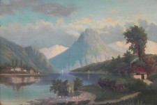 Gemälde: Thuner See ? 19.Jhdt. Landschaft, Ansicht Alpen, See Berge Romantik