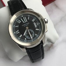 Authentisch✽Cartier✽Calibre Diver Herrenuhr aus Stahl und schwarzem Lederarmband